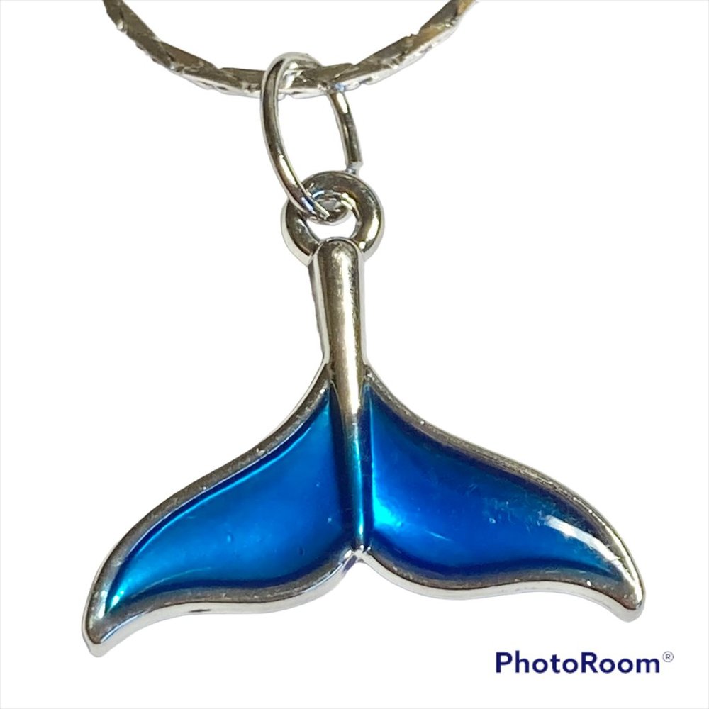 Aqua Blue Mermaid Whale Tail Pendant Necklace Silver Plated 18" Nautical Island